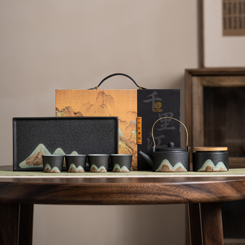 苏氏陶瓷(SUSHI CERAMICS)手绘彩画茶具提梁茶壶配精美干泡茶盘小茶叶罐7件功夫茶具套装礼盒装