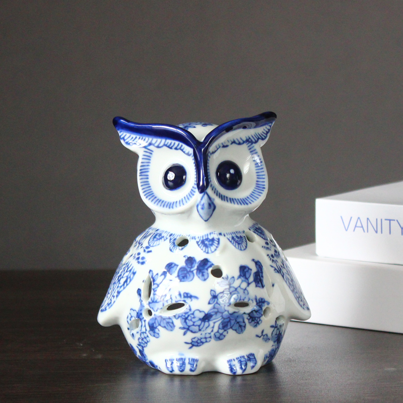 景德镇青花瓷陶瓷工艺品家居摆设猫头鹰摆件办公室桌面乔迁礼三维工匠