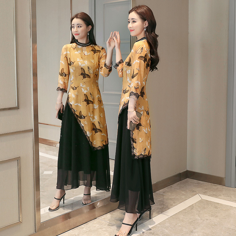 雪纺连衣裙夏装女士新品女复古印花气质长裙时尚中国风假两件裙子