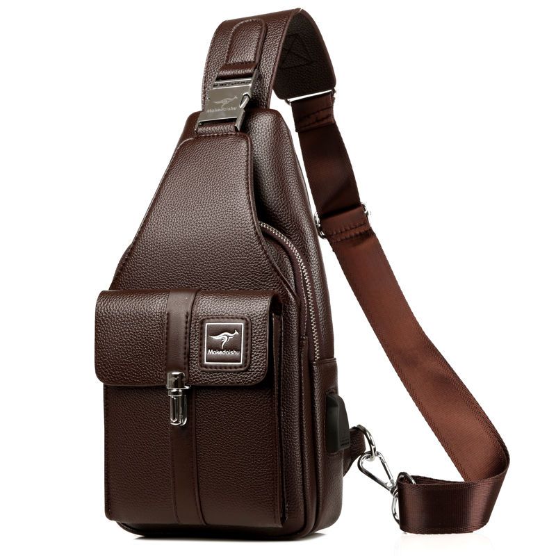 派尼美特新款男士胸包斜挎包真皮质感单肩包男包休闲包胸前皮包运动