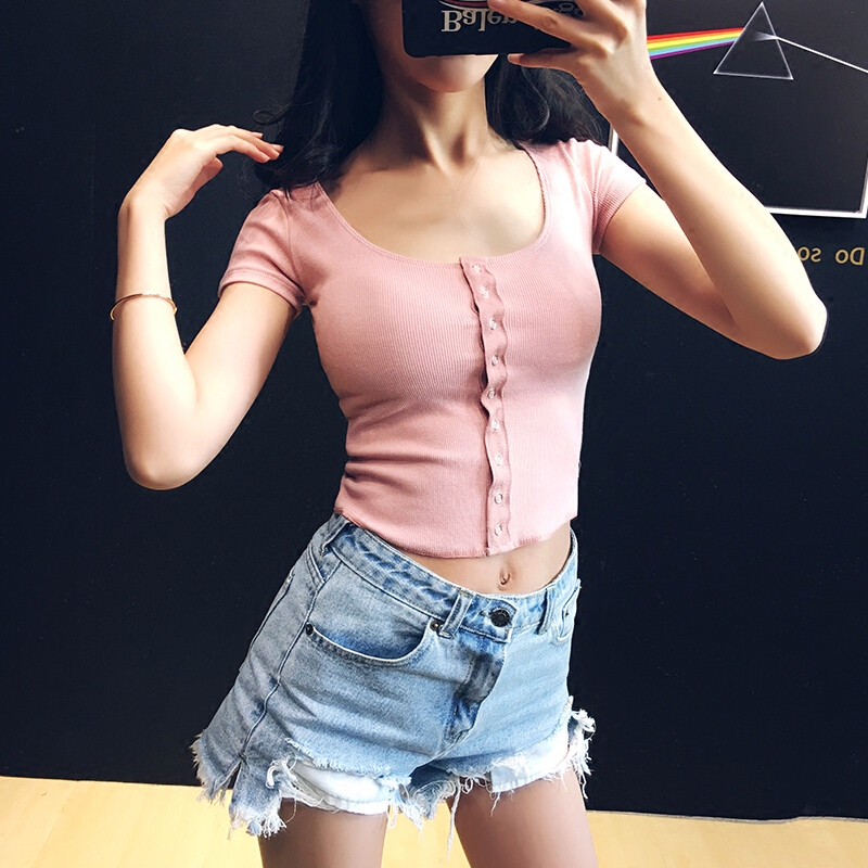 欧美ins网红同款短袖纽扣打底衫短款露脐紧身显胸针织t恤女夏上衣