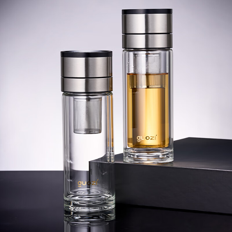 果兹(GUOZI)一键速开玻璃杯350ML 茶水分离泡茶杯GZ-JD-BO003 钢本色高清大图