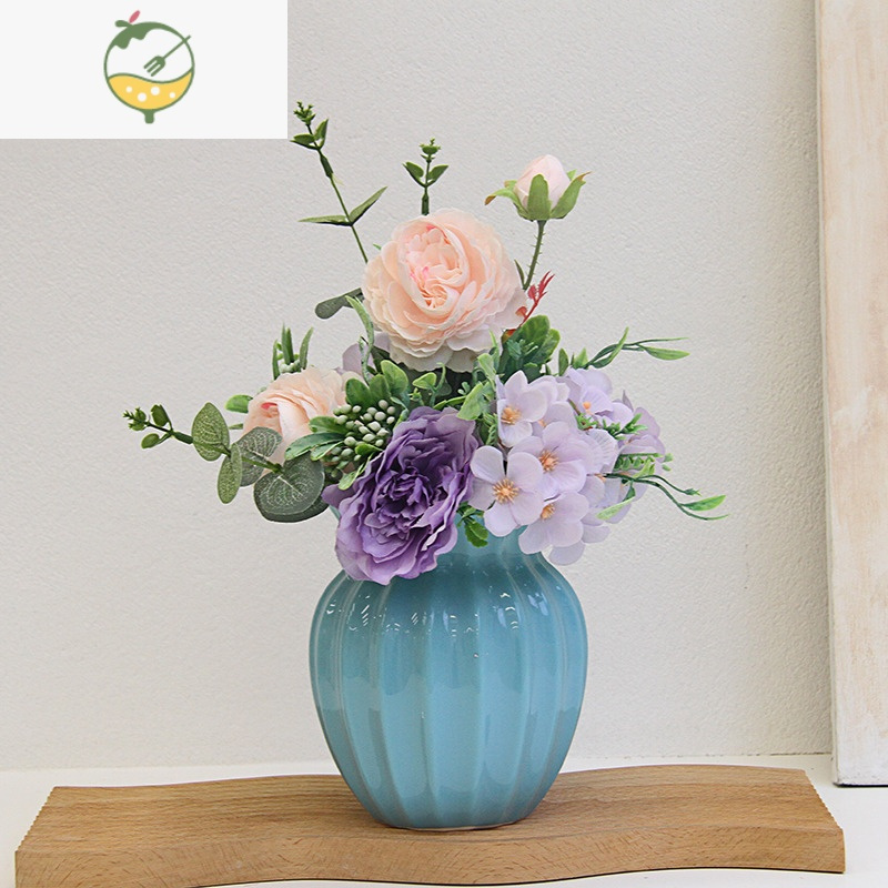 yicheng北欧餐桌陶瓷花瓶蓝色白色花器花插牡丹花尤加利花艺组合套装