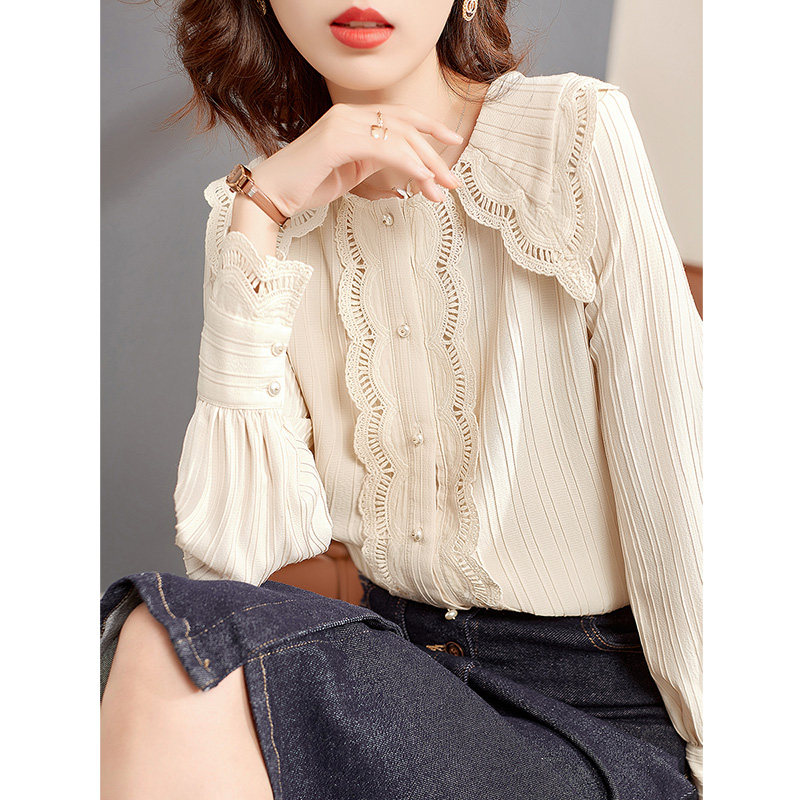 上衣2021年秋季新款甜美蕾丝领拼色格子棉麻娃娃领衬衫女10 评价月销