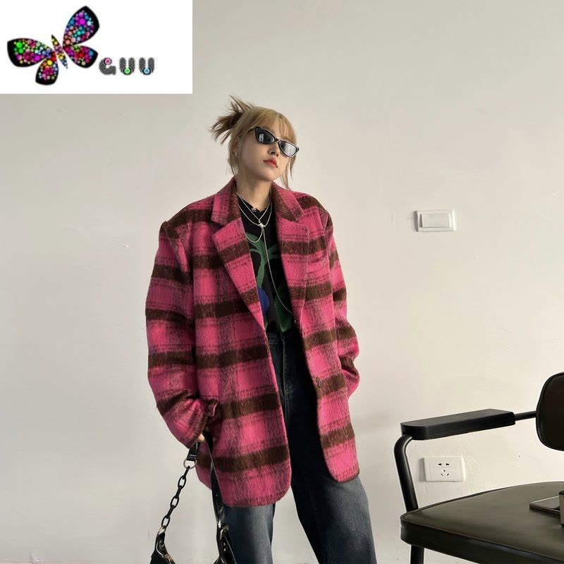 语娄vintage小个子英伦学院风中长款正肩格纹毛呢西装大衣外套女图片