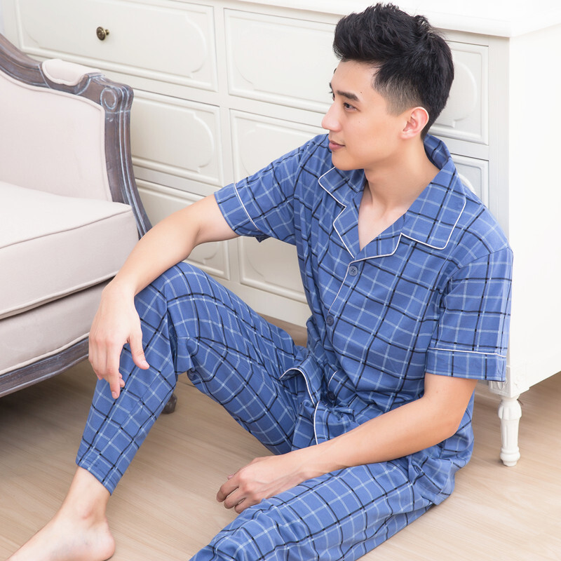 男士睡衣春夏季半袖长裤夏款短袖男式开衫前扣家居服套装