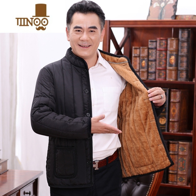 YANXU男冬装加绒加厚中老年棉衣男士外套冬季中年人棉袄爸爸棉服爸 L适合80-105斤 全身加绒黑色竖条款轻便保暖