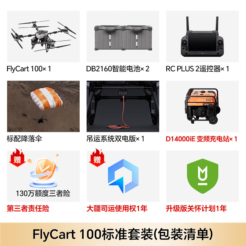 大疆FlyCart100标准套装 80公斤FC100[含电池*2+降落伞+吊运系统+充电站+关怀计划升级版]提货卡高清大图
