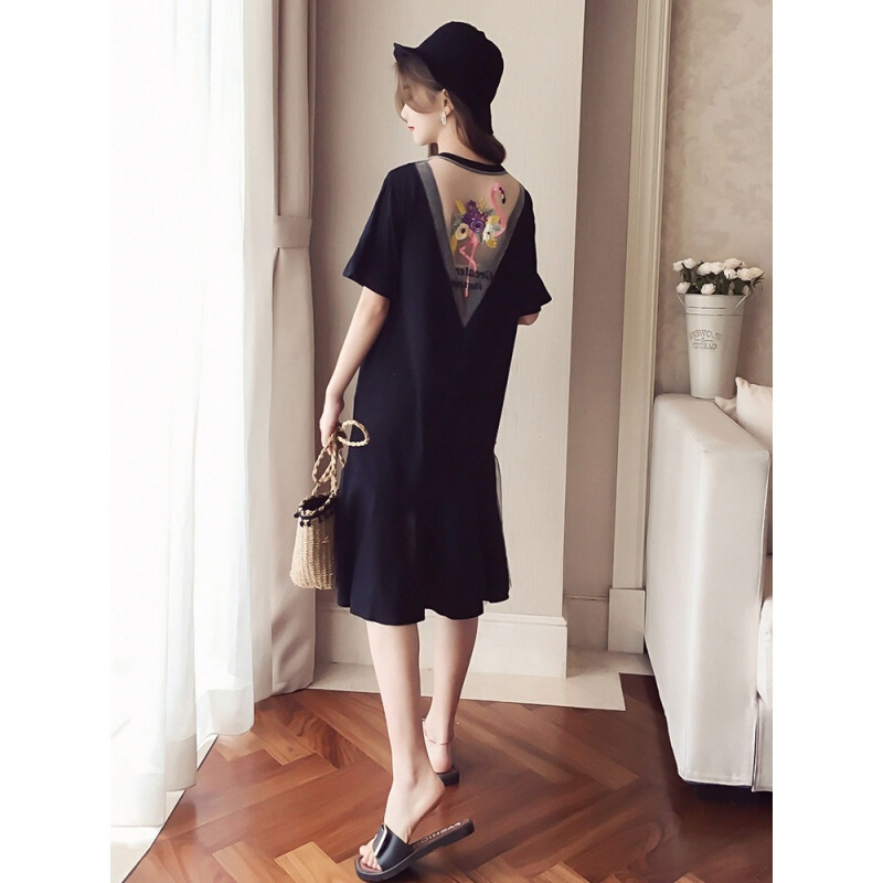 胖mm夏装新款露背荷叶边连衣裙女加大码中长款宽松短袖t恤200斤潮