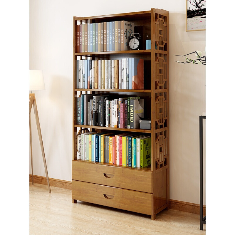 楠竹书架抽屉书柜简约现代书架落地简易书架客厅实木置物架储物柜