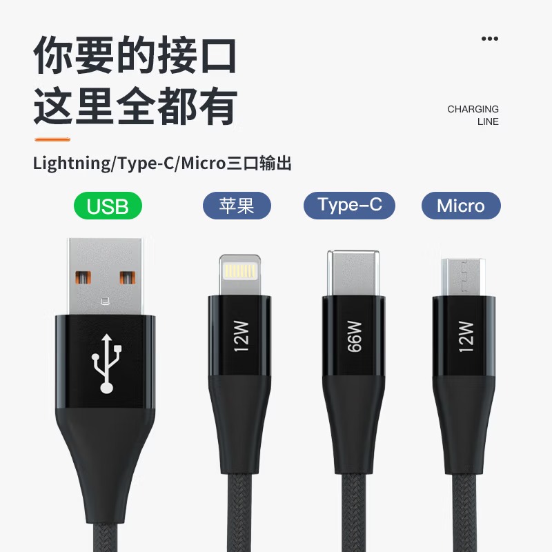 纽曼数据线三合一66W超级快充 一拖三快充线 适用苹果华为小米车载 编织黑色[苹果+安卓+type-c]高清大图