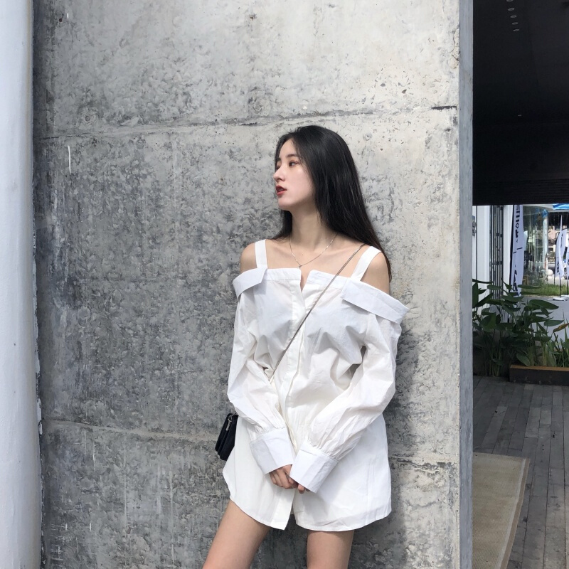 夏季一字领带漏肩长袖衬衫连衣裙女韩版宽松时尚中长款衬衣裙子白色均码