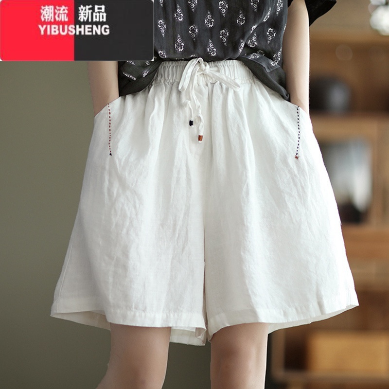 YIBUSHENG2023年新款季复古勾线棉麻短裤女系带松紧腰显瘦阔腿裤休闲中裤高清大图