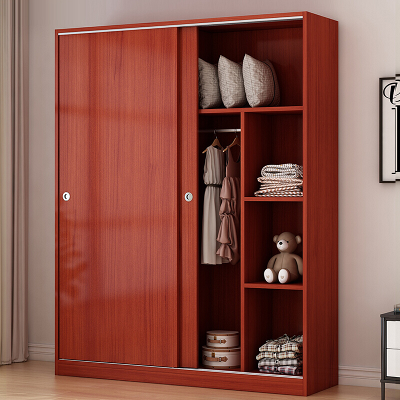 佐盛木质移门更衣柜员工宿舍衣柜推拉门储物柜收纳柜柚木色 1.4米宽