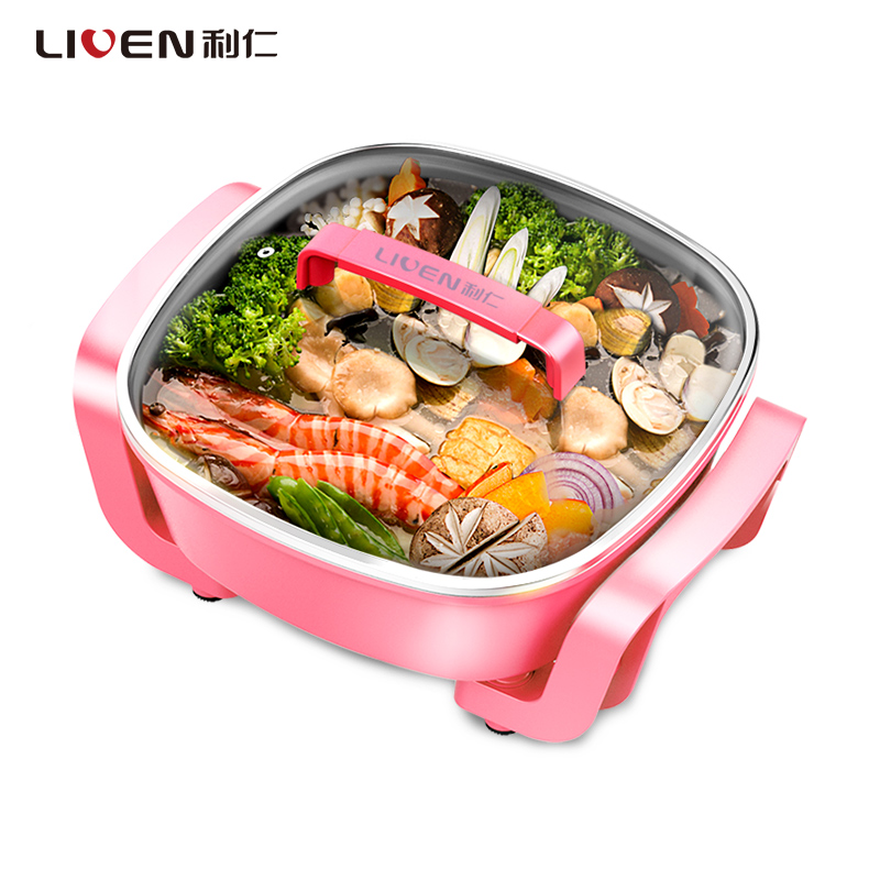 利仁(Liven)电火锅DHG-T2600F 3.7L粉色韩式方锅 360°加热 方形电火锅 电煎锅 电蒸锅温度调节功能