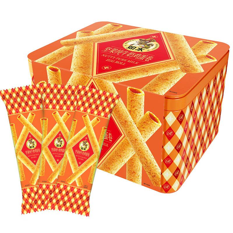 如水 坚果纯牛奶鸡蛋卷468g 饼干 曲奇特产糕点 老年人休闲零食 铁盒装图片
