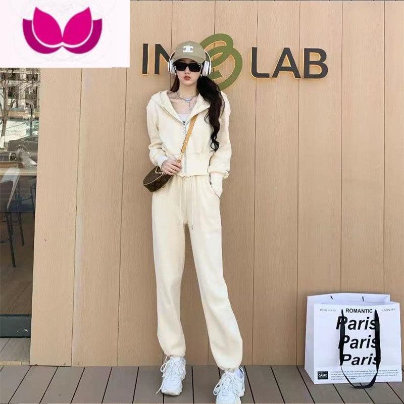 七斓时尚气质休闲运动套装连帽上衣卫衣外套女高腰收腿阔腿裤套图片