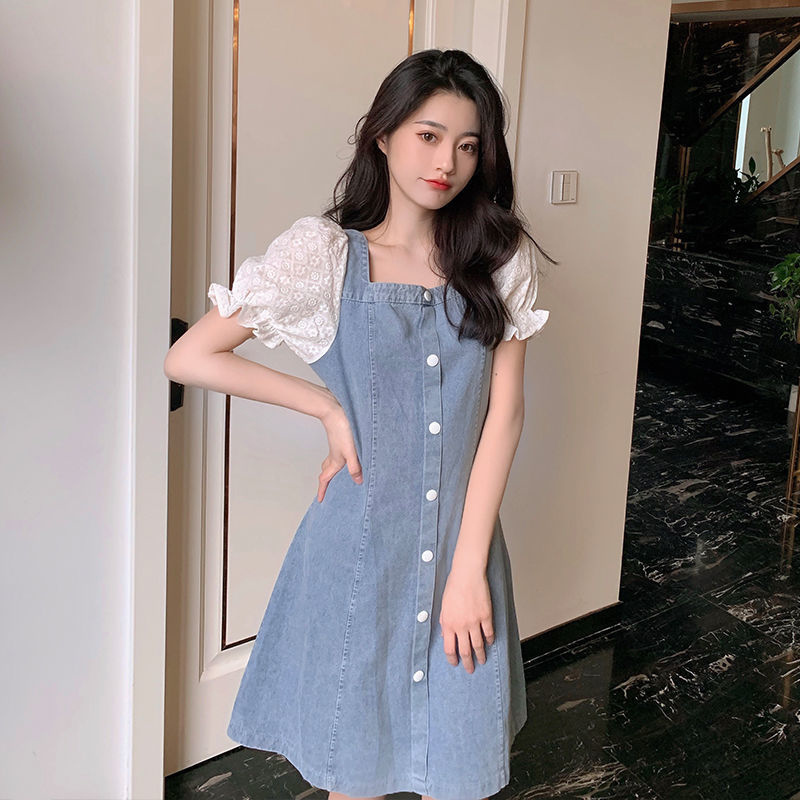 美动态大码女装蕾丝袖拼接牛仔连衣裙2022新款胖mm藏肉显瘦牛仔裙
