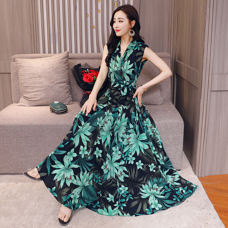 女士夏装新品印花大摆连衣裙女中长款韩版雪纺长裙显瘦裙子夏天