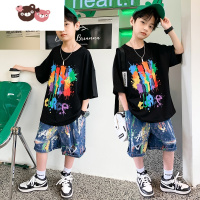 绿彩虹光儿童装男童夏季套装薄款2022新款夏装帅气短袖大童炸街潮酷帅衣服