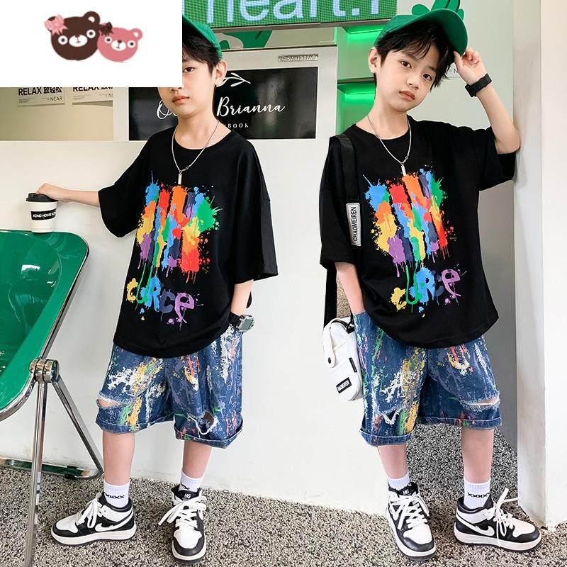 绿彩虹光儿童装男童夏季套装薄款2022新款夏装帅气短袖大童炸街潮酷帅衣服