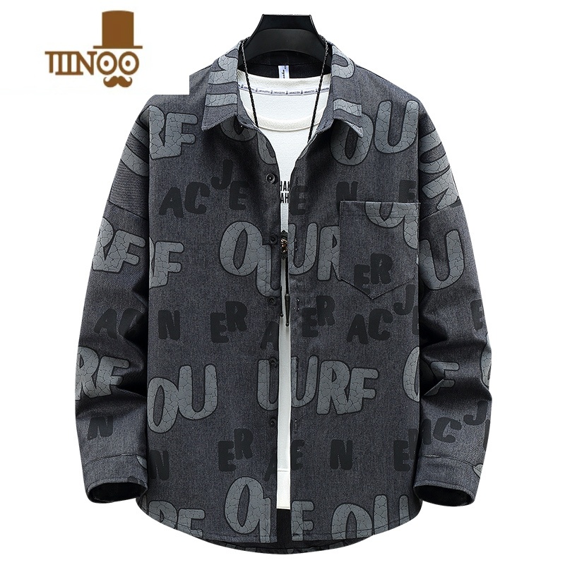 YANXU男士新款衬衫外套时尚大码男装宽松休闲潮牌牛仔夹克男加肥加大号高清大图