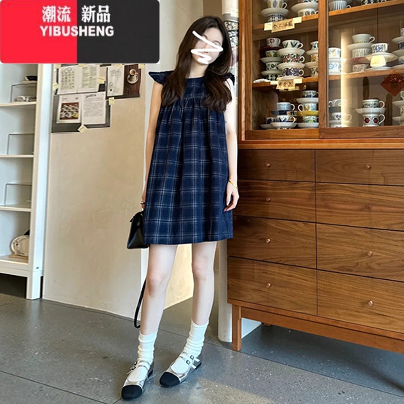 YIBUSHENG蓝色小飞袖格子吊带连衣裙子女装季2024新款小个子无袖背心短裙高清大图