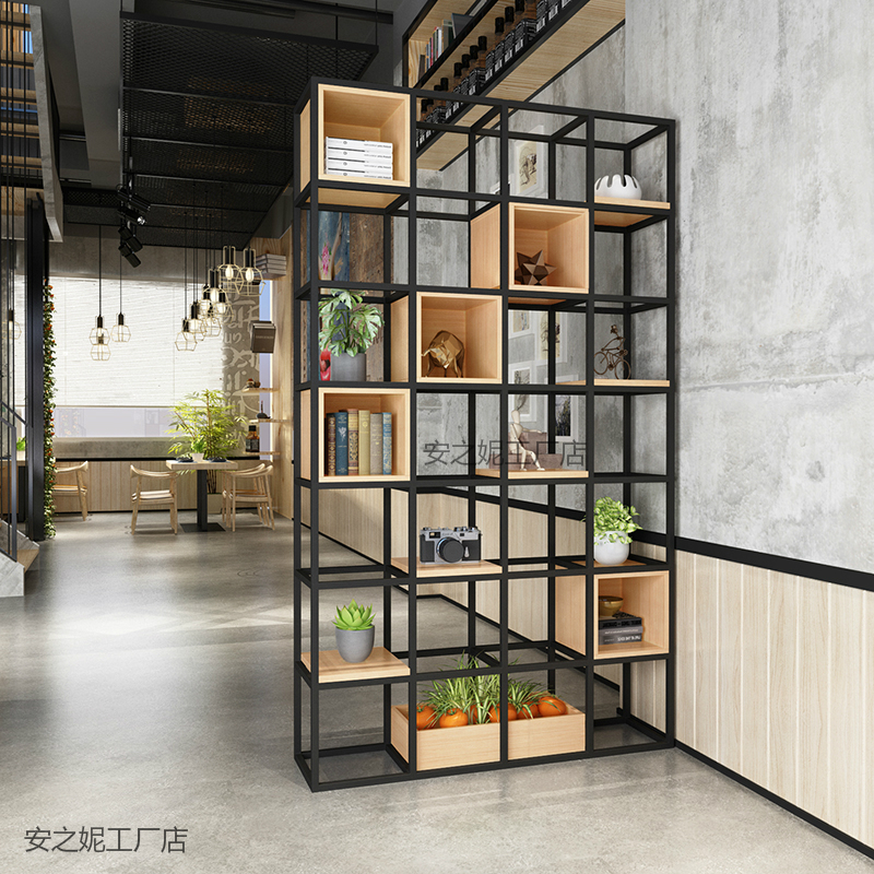 美式工业风办公室铁艺隔断置物架 落地多层loft餐厅装饰 客厅书架高清大图