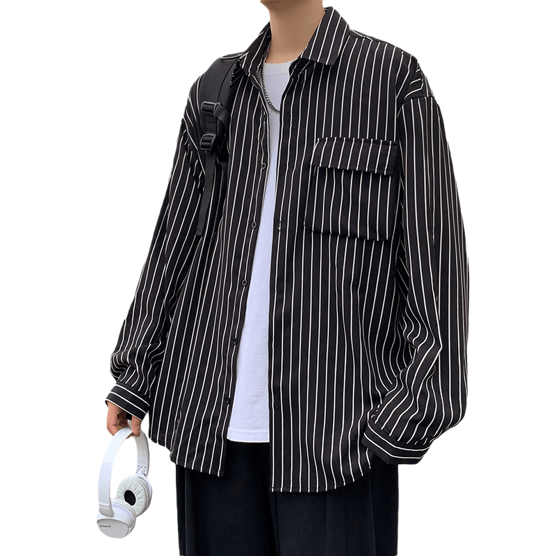 满速条纹衬衫外套男港风日系休闲宽松衣服潮流黑色长袖衬衣秋季薄