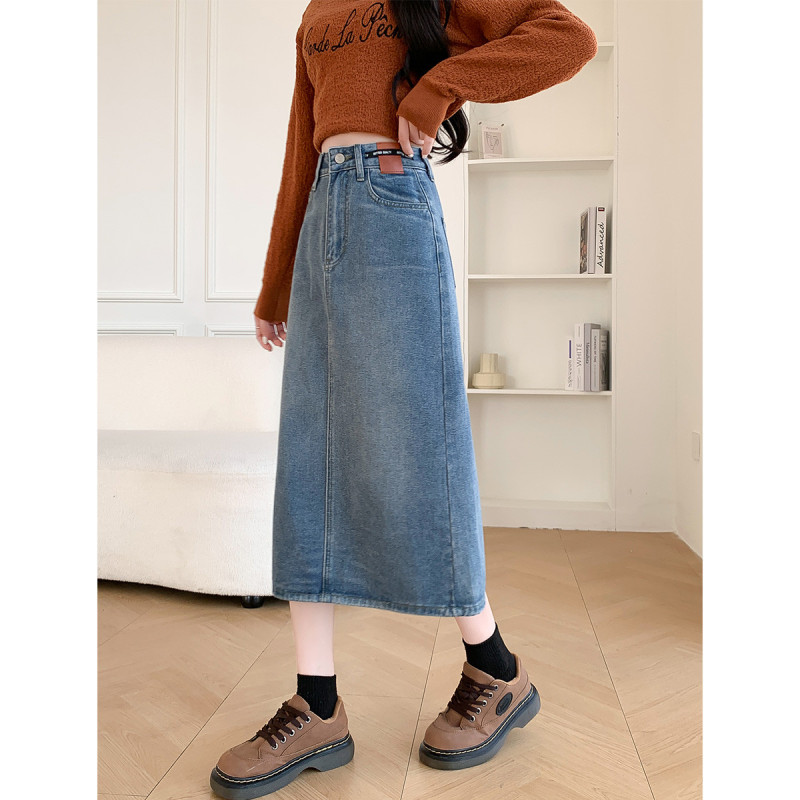 4元,叠加优惠券]唐狮秋冬新款女皮标牛仔长裙后开叉半身裙减龄百搭