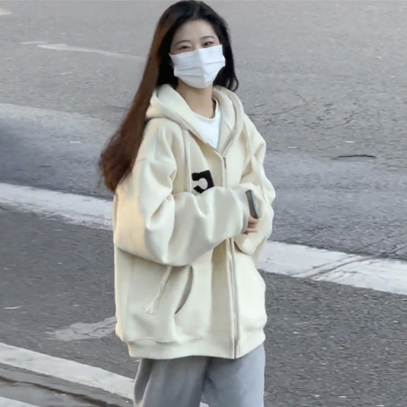 奶杏色卫衣女秋季新款宽松上衣拉链开衫连帽薄款外套女ins潮