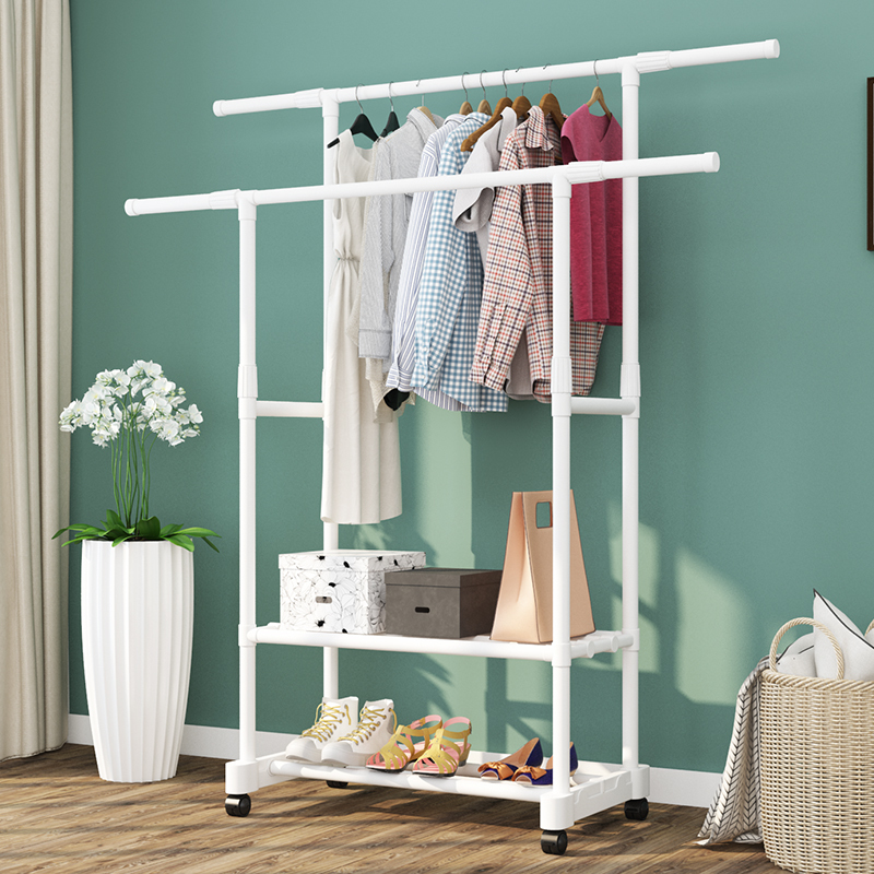 衣架落地单杆衣帽架室内伸缩简易挂衣架卧室晾衣架挂衣服架子白色双杆