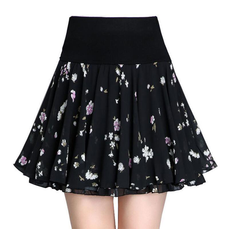 黑底小碎花 s视频介绍_双层印花裙短裙碎花雪纺裙半身裙女高腰短裙a字