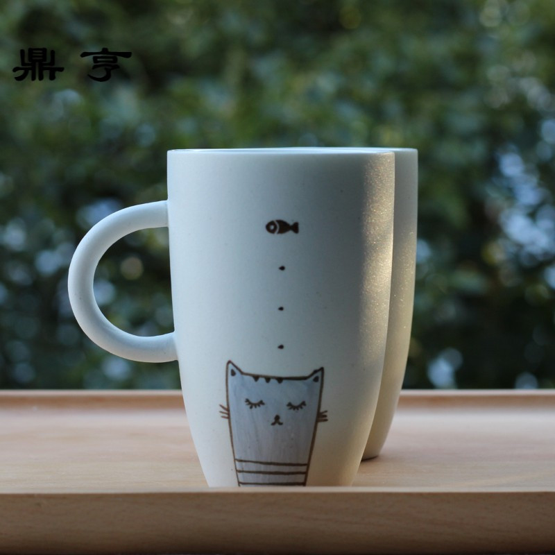 鼎亨创意手绘猫咪陶瓷杯子磨砂个性马克杯带盖勺情侣杯定制生日礼