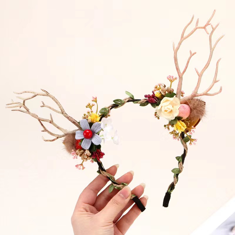 圣诞节头饰女发光头箍发饰压发发卡装扮森系小鹿角发箍麋鹿角发夹 森系花团