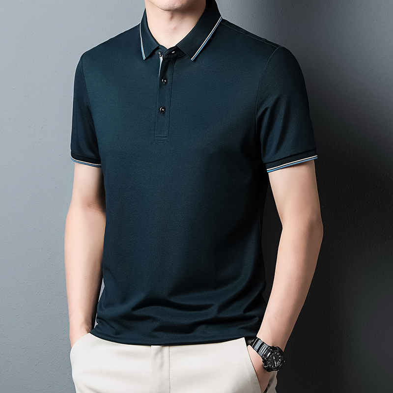 男士桑蚕丝无痕Polo衫2023春季新款中年商务休闲长袖T恤男专柜桑蚕丝短袖T恤男夏季新款纯色Polo衫中年男士冰丝体恤 墨绿 175