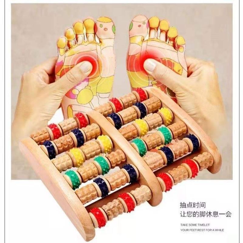 脚底按摩器穴位脚部家用滚轮木质足部脚步足浴桶足底按摩器按脚器 大号荷木六排(防滑款)31*18*4