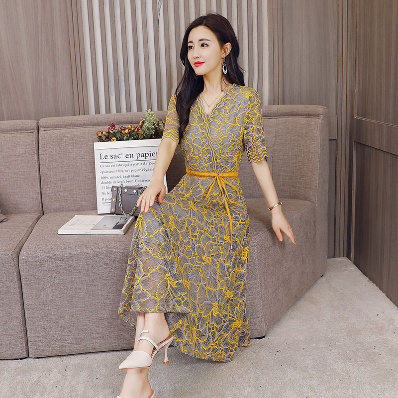 蕾丝连衣裙女夏装女士新品V领修身显瘦高腰长裙收腰系带提花裙子