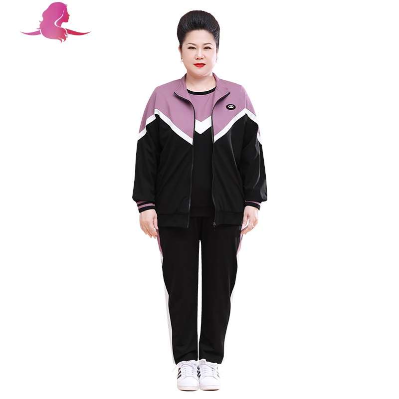 艳如飞胖妈妈秋装外套休闲中老年运动服套装女加肥加大码200斤宽松两件妈妈装