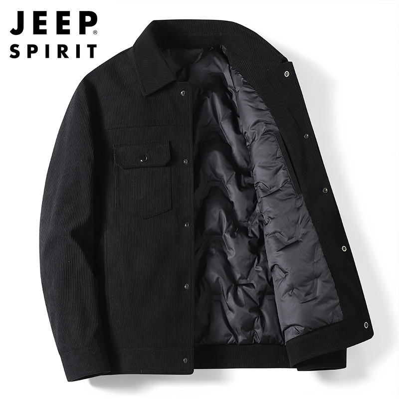 JEEP SPIRIT吉普灯芯绒保暖羽绒服男夹克冬季爸爸装休闲加厚冬装翻领工装服 XL 黑色