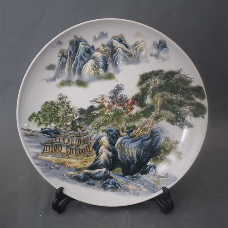 美帮汇景德镇仿古陶瓷乾隆粉彩山水风景盘家居装饰展柜客厅卧室中式摆件高清大图
