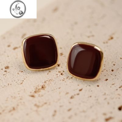 JiMi法式高级方形耳钉女小众设计感耳夹复古气质耳环银耳饰2023新款潮 酒红925银针