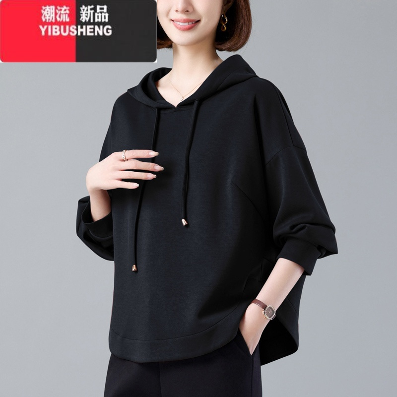 yibusheng连帽卫衣女士2023新款春秋中年妈妈宽松短款加绒冬薄外套