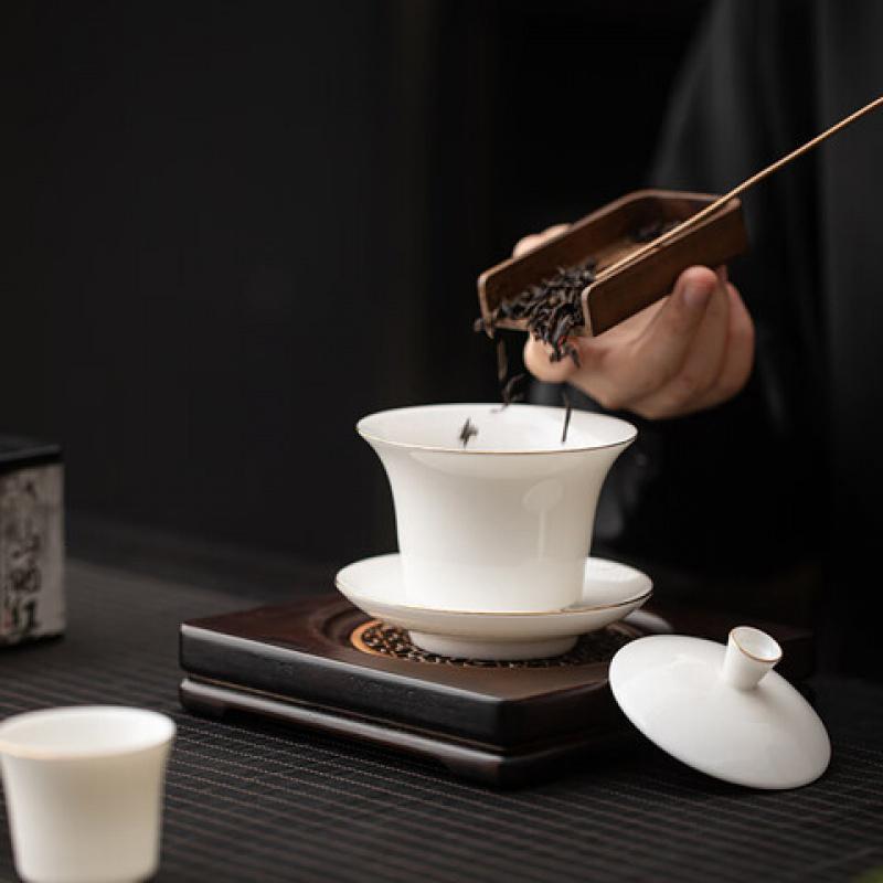 苏氏陶瓷(SUSHI CERAMICS) J1038 羊脂玉瓷 马蹄盖碗 描金小套装 130ml (单位:套)高清大图