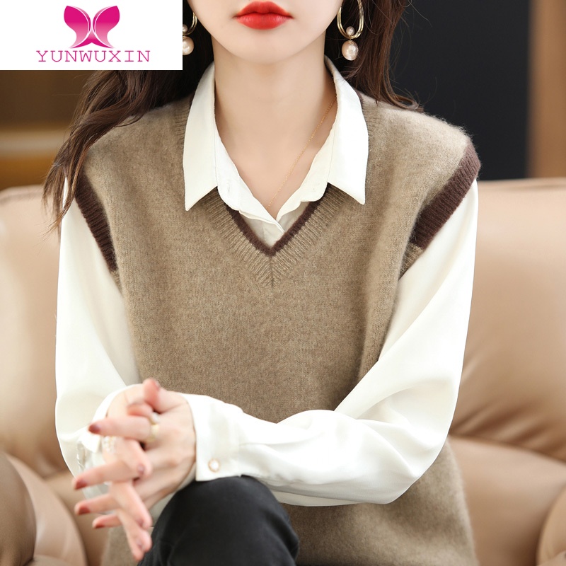 YUNWUXIN2022新款针织马甲毛衣女背心宽松外穿撞色洋气v领坎肩上衣马夹