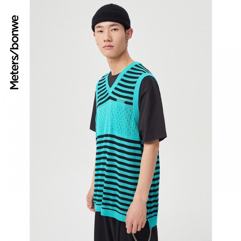 [1件3折价:58.5]美特斯邦威条纹毛织背心男新款春秋肌理撞色宽松潮流男士上衣