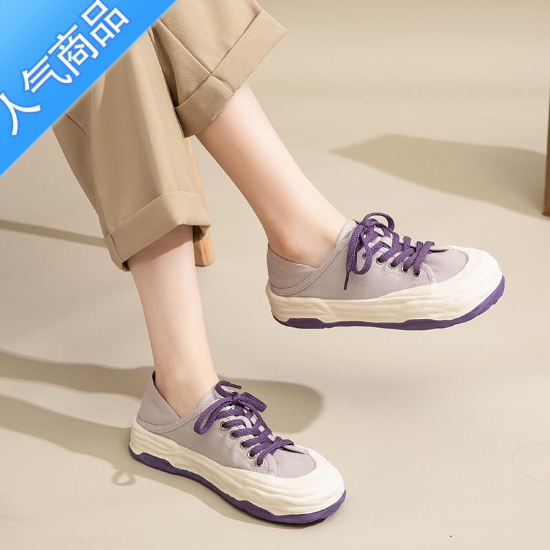 SUNTEK帆布鞋女2023新款夏季厚底爆休闲一脚蹬透气半拖凉鞋板鞋小白运动高清大图