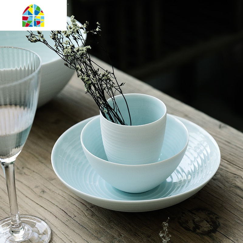 一套精致个性高颜值家用陶瓷餐具一人食碗碟套装fenghou8英寸大碗青白