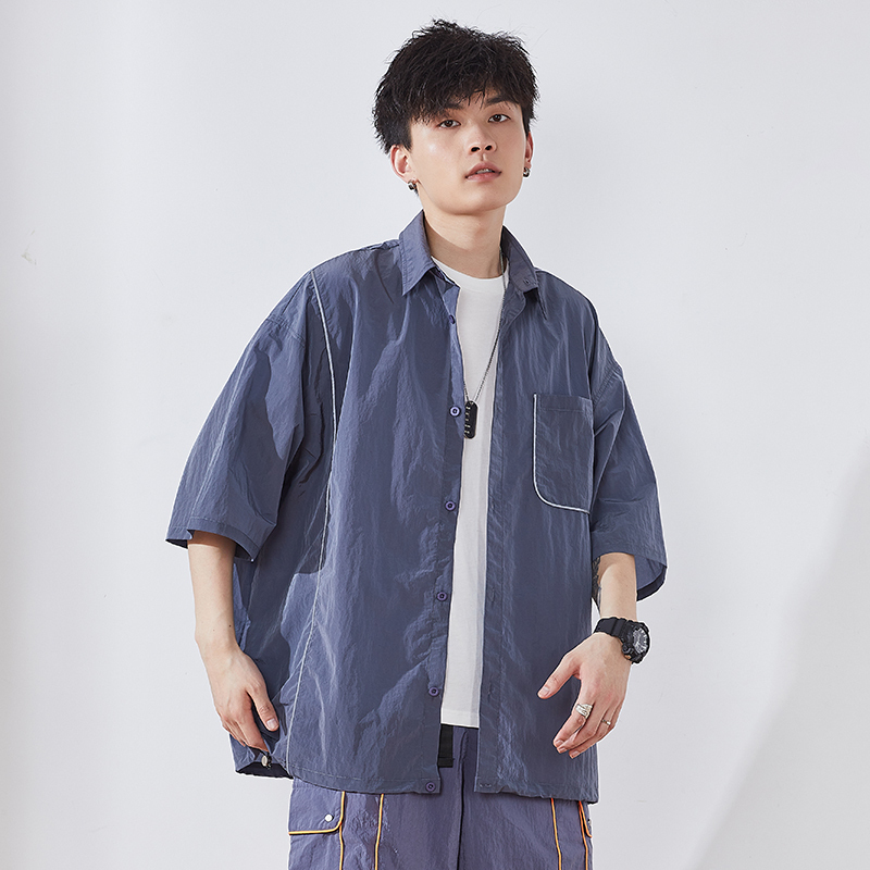 [直降价84元]唐狮夏季情侣衬衫男女宽松印花情侣装韩版短袖学生