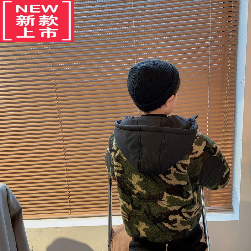 可莉允2022秋冬款男童迷彩棉衣中小大童羊羔毛棉服儿童加厚连帽棉袄外套